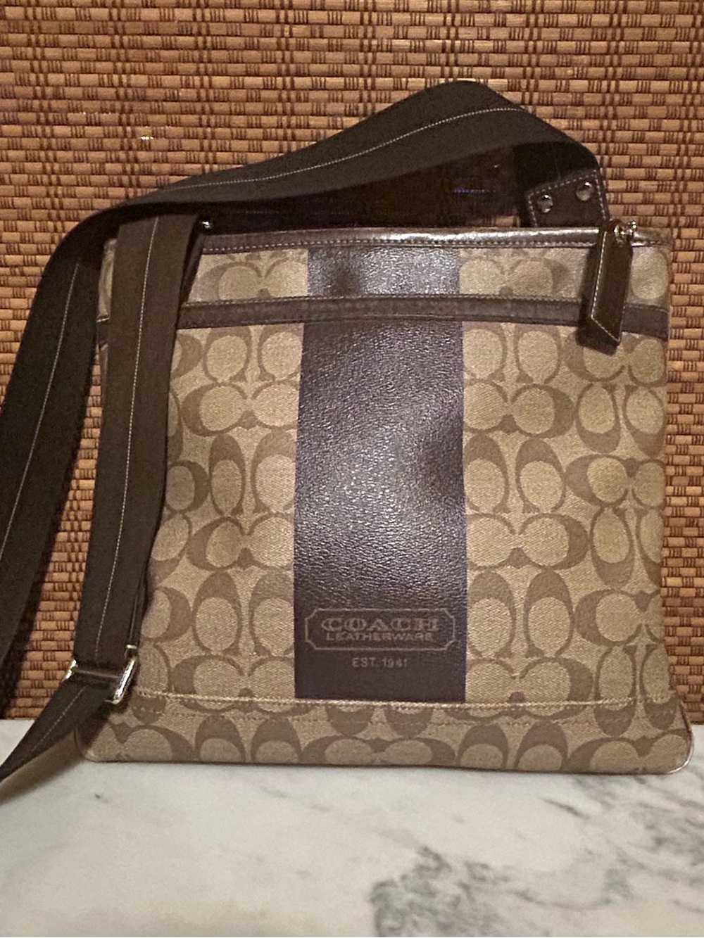 Vintage COACH PVC MONOGRAM CROSSBODY WITH BROWN LEATHER TRIM